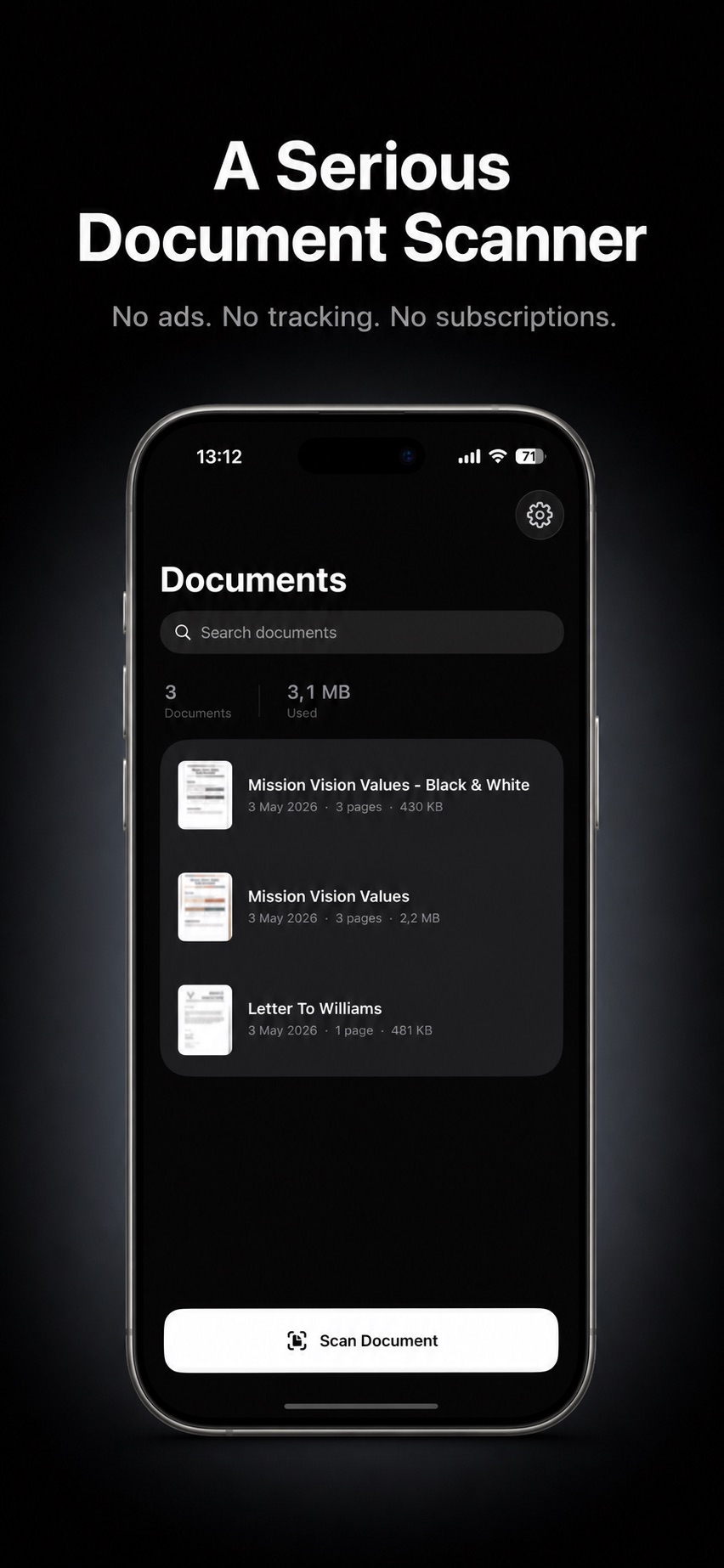 Serious Scanner document library on iPhone
